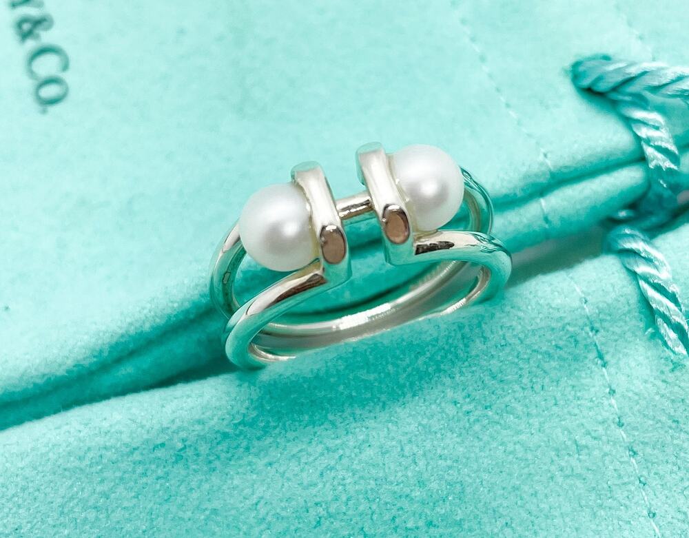 Tiffany & Co. HardWear Double Pearl Ring Sterling Silver Size 8.25 w/ Pouch